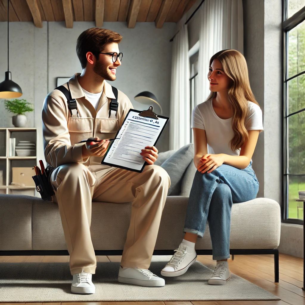 DALL·E 2024 12 15 18.16.16 A realistic scene of a professional cleaning technician discussing a cleaning plan with a client in a modern well organized living room. The technici