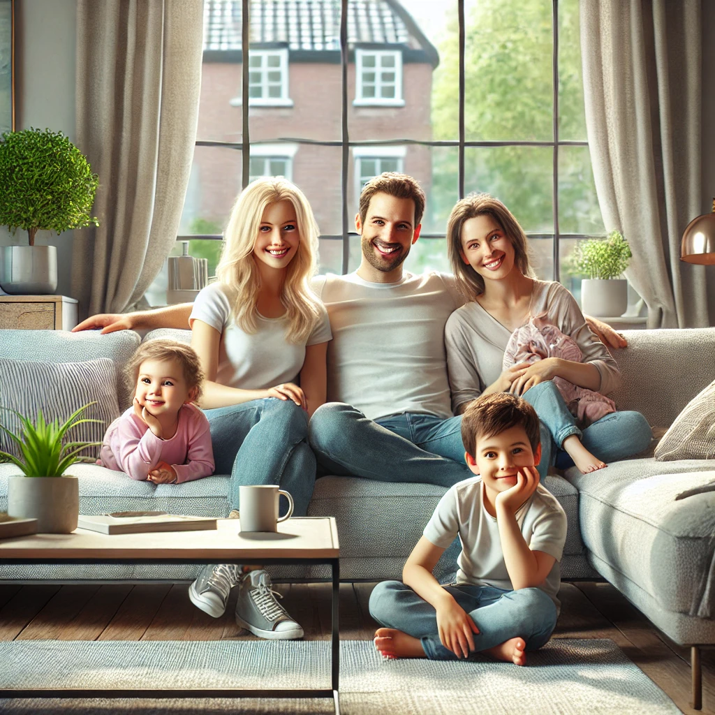 DALL·E 2024 12 15 19.35.28 A hyper realistic and natural scene of a family relaxing in a clean and bright living room after a professional cleaning. The family includes parents