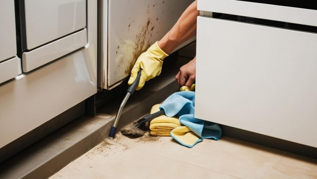 cleaning Behind heavy furniture and appliances.by especific whith details